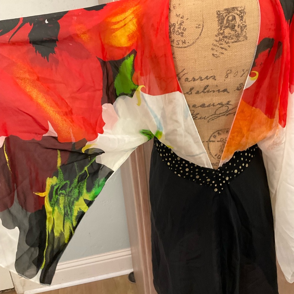 Venus 100% Silk artsy black red Floral Kimono Sleeve Dress size 12 - Picture 11 of 16